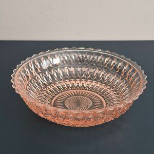 Vintage Jeannette Holiday Pink Glass Round Serving Bowl Button & Bow 1940-60s